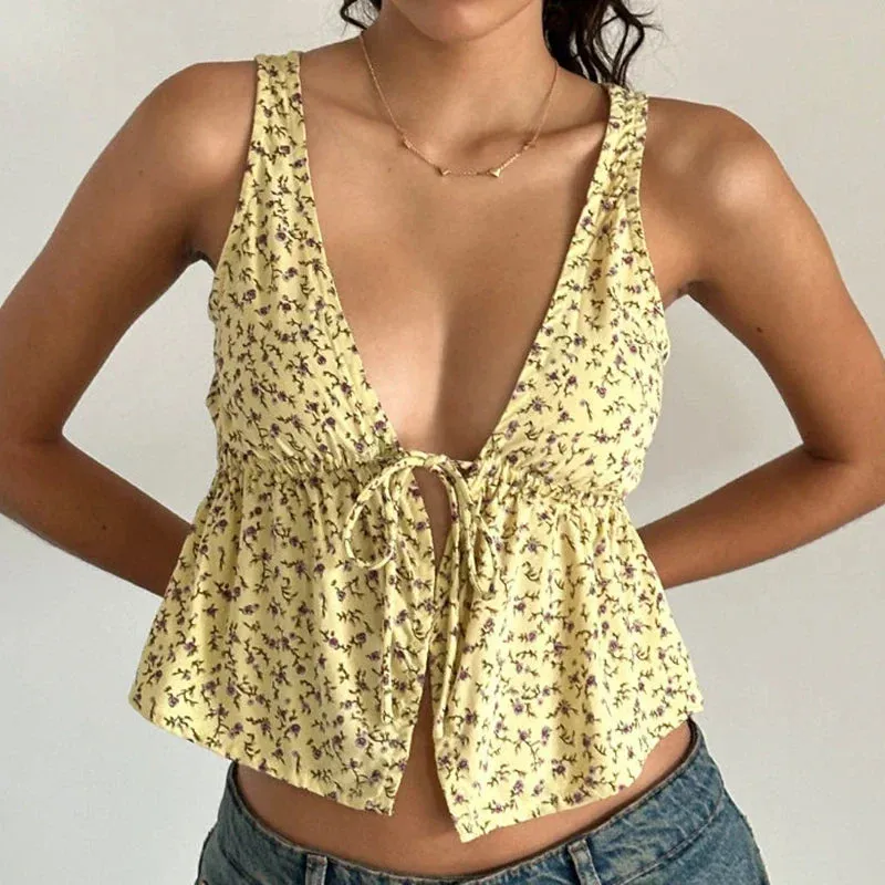 Tie Front Underbust Drawcord Floral Print V Neck Sleeveless Fairy Backless Crop Top