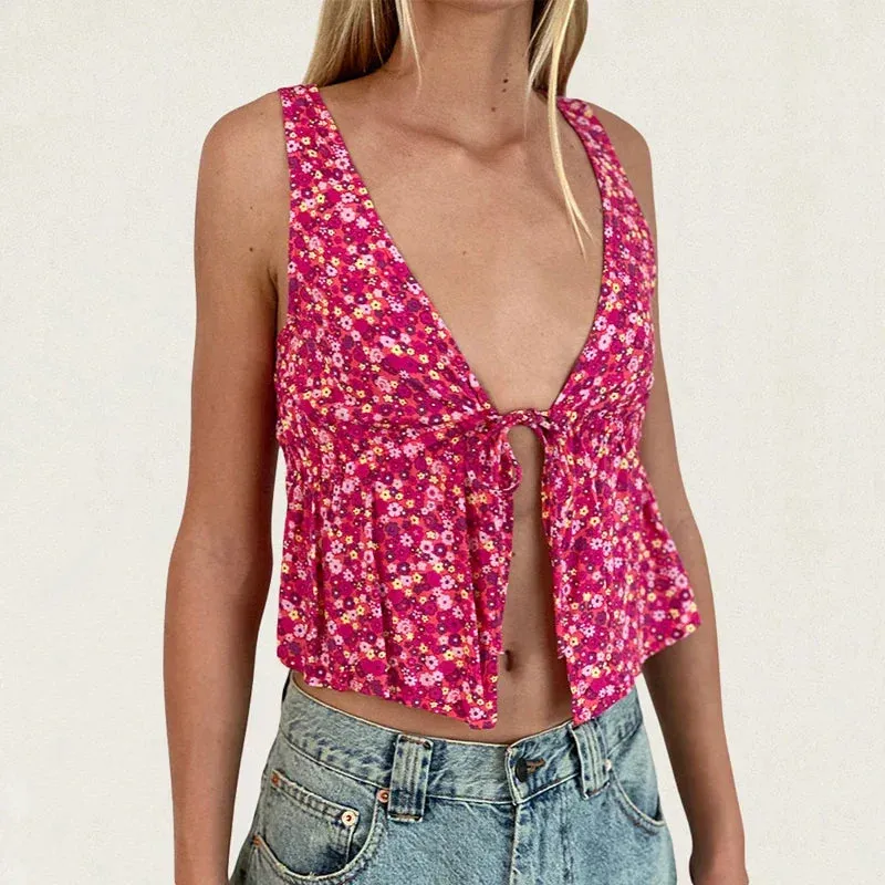 Tie Front Underbust Drawcord Floral Print V Neck Sleeveless Fairy Backless Crop Top