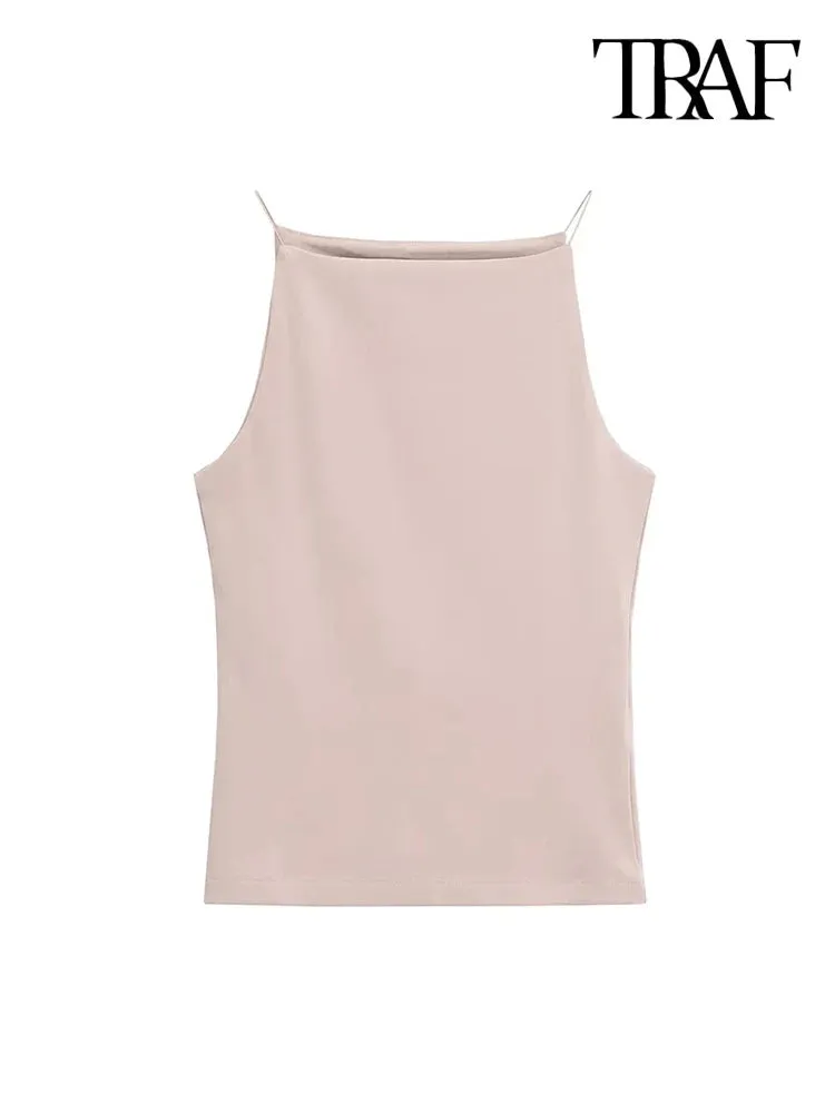 TRAF-Women's Halter Tank Tops, Sleeveless Vest, Thin Straps, Female Camis, Solid Color, Fashion
