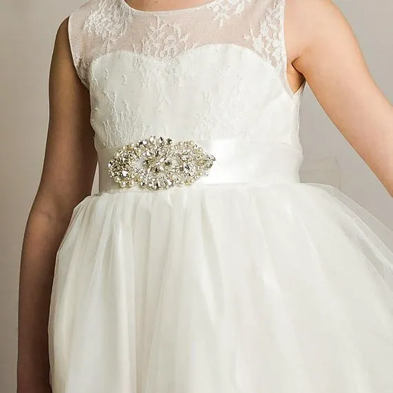 Tulle Open Back Beaded Lace White Flower Girl Dresses ,Cheap Flower Girl Dresses ,FGY0162