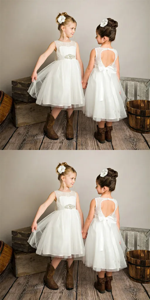 Tulle Open Back Beaded Lace White Flower Girl Dresses ,Cheap Flower Girl Dresses ,FGY0162