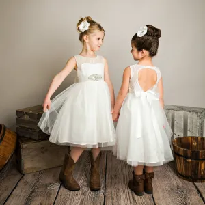 Tulle Open Back Beaded Lace White Flower Girl Dresses ,Cheap Flower Girl Dresses ,FGY0162
