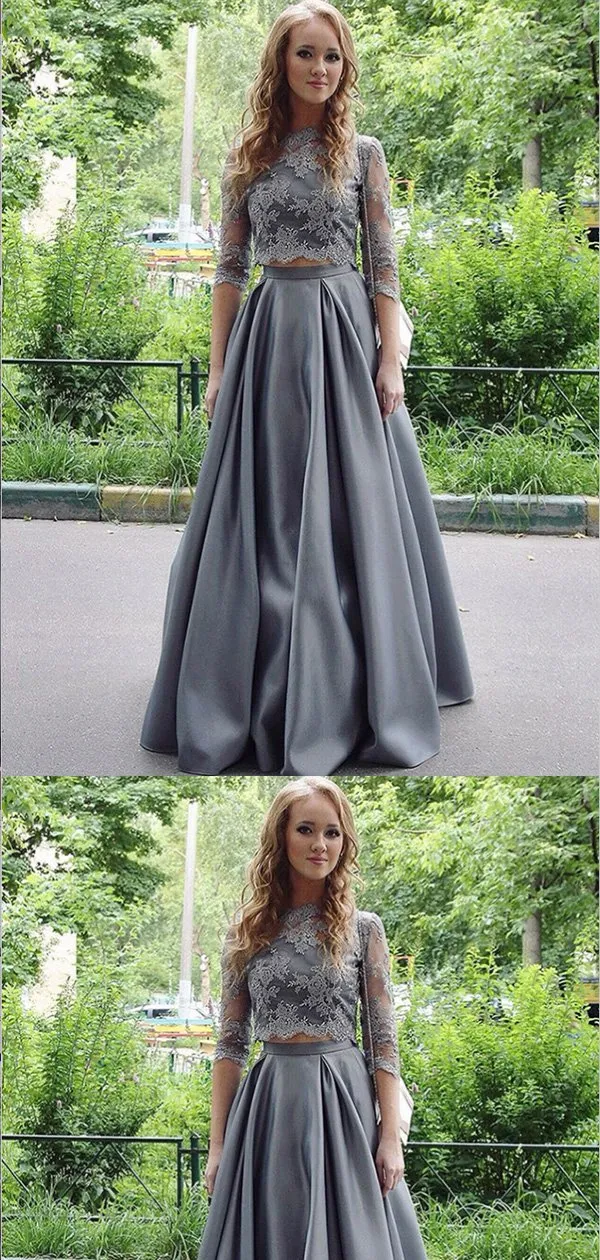 Two Piece Floor-Length Half Sleeves Grey Satin Prom Dresses,Cheap Prom Dresses,PDY0497