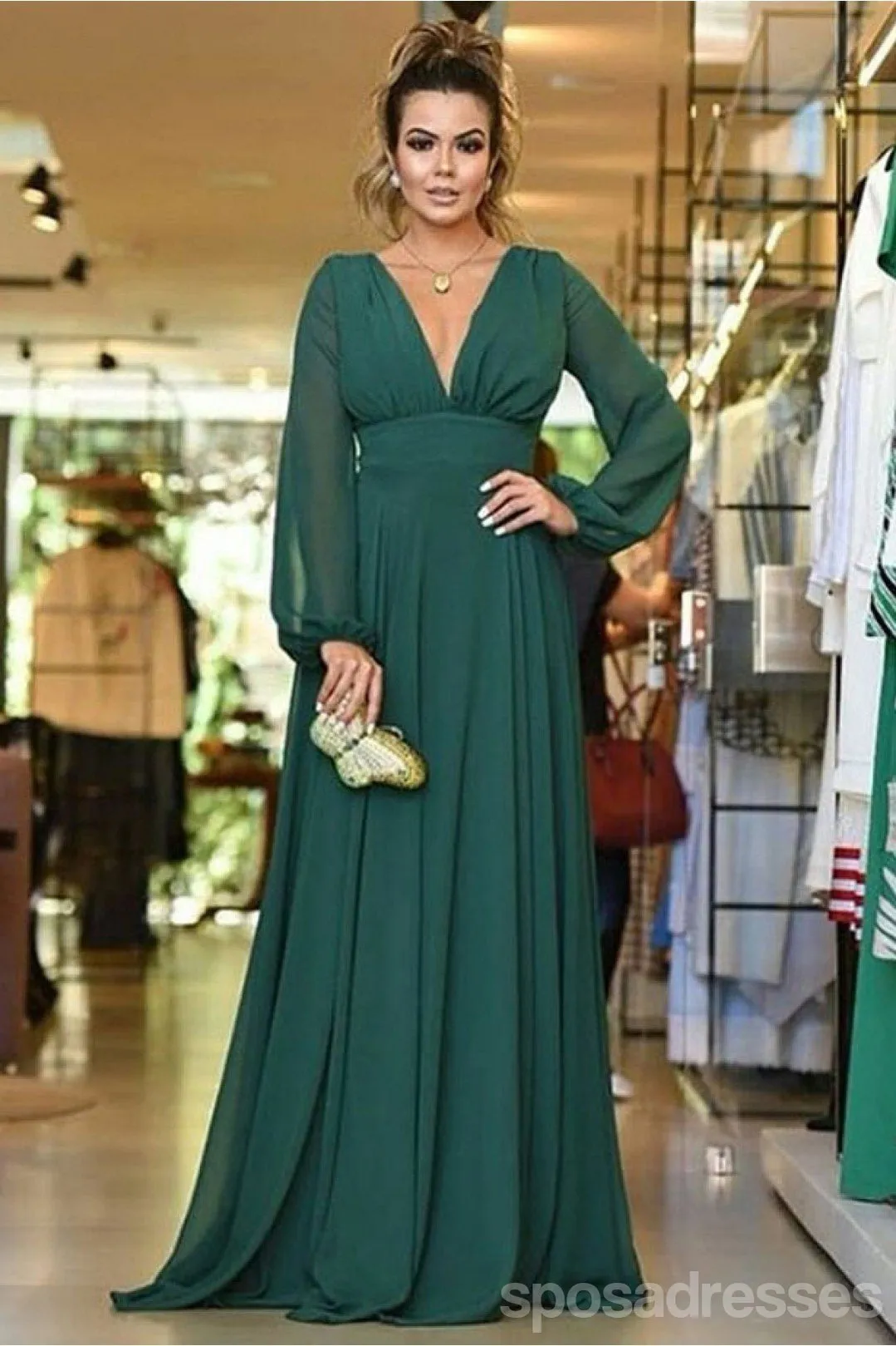 V Back Long Sleeves Green Chiffon Cheap Bridesmaid Dresses Online, WG760