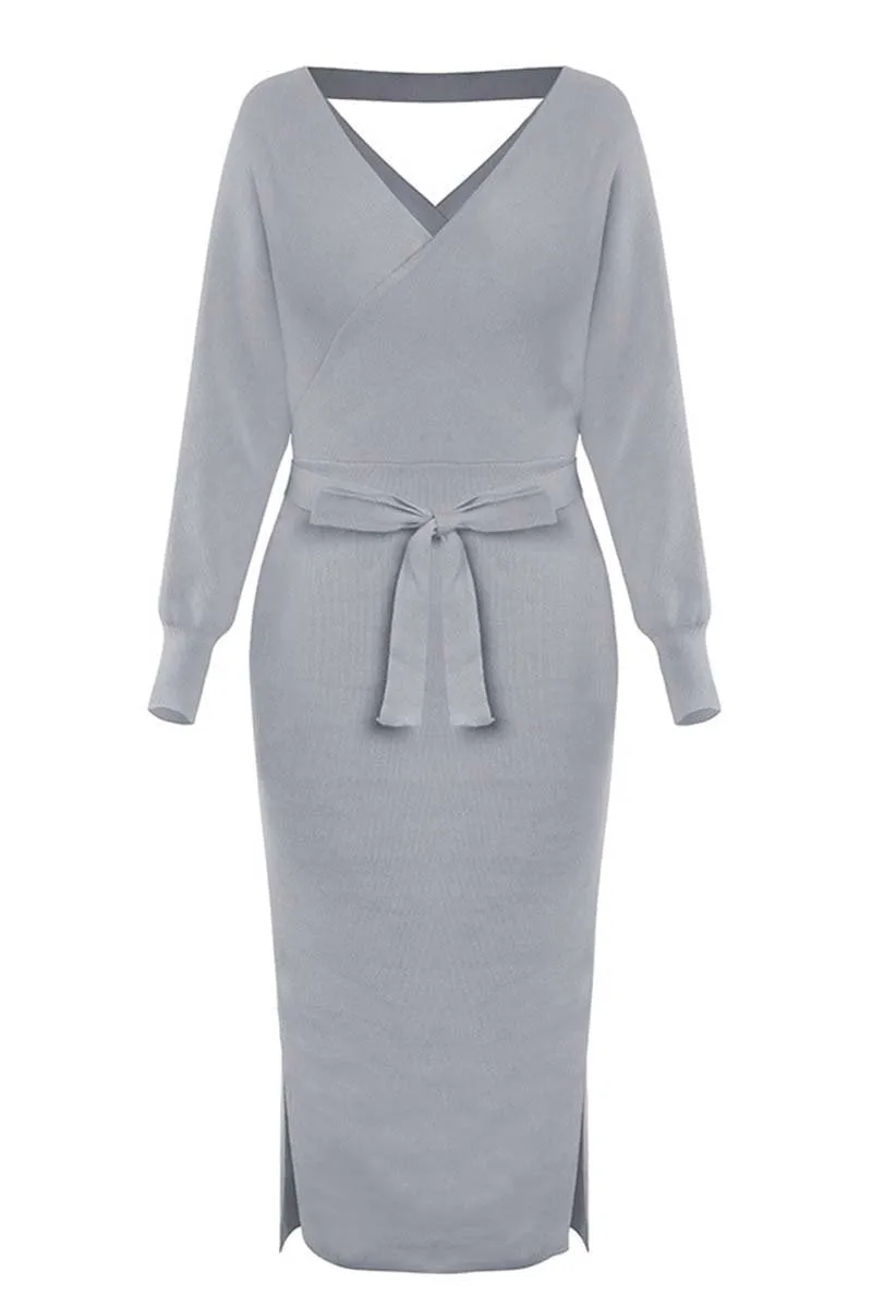 V Neck Backless Sweater Midi Dress(5 Colors)