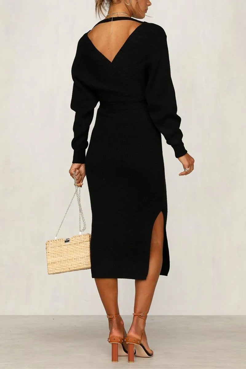 V Neck Backless Sweater Midi Dress(5 Colors)