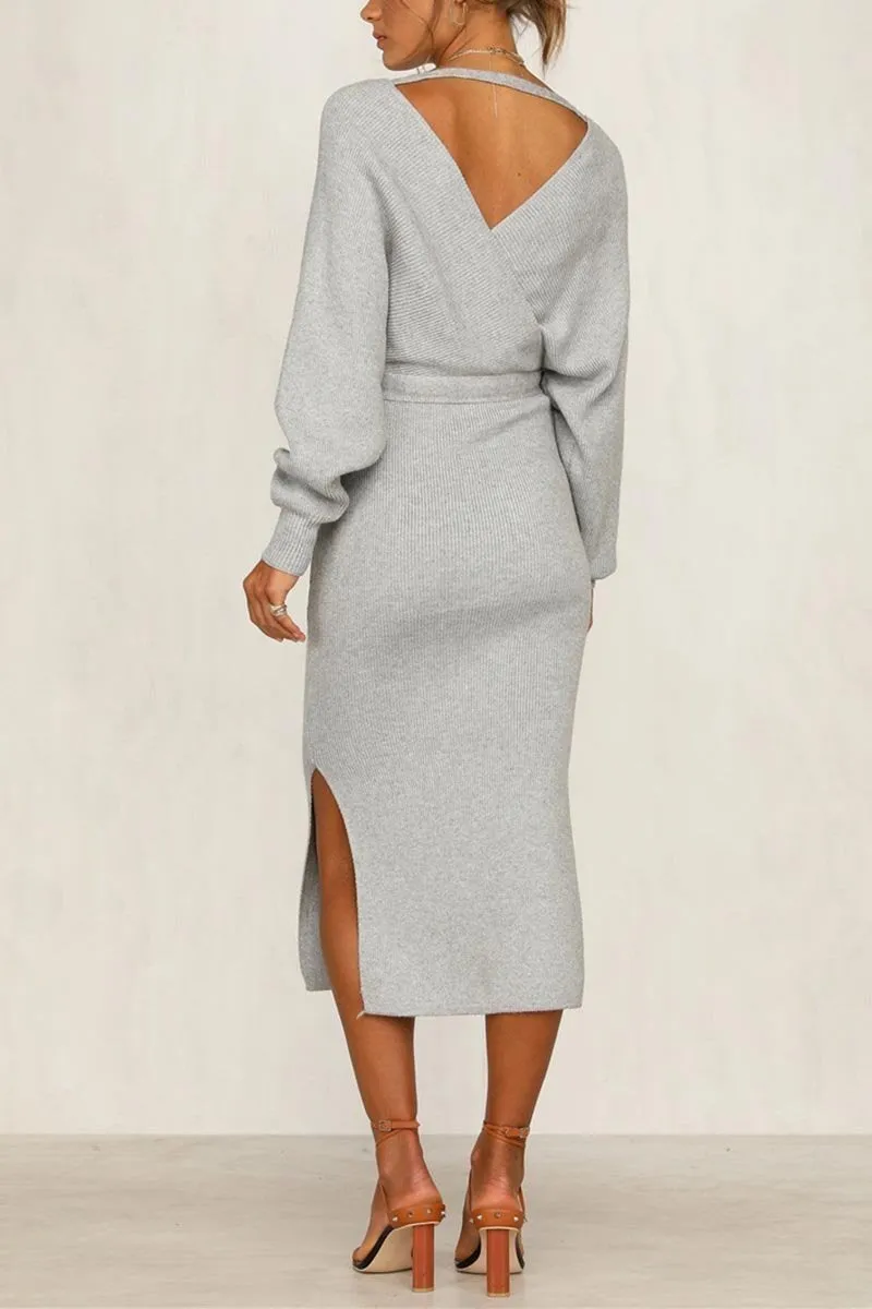 V Neck Backless Sweater Midi Dress(5 Colors)