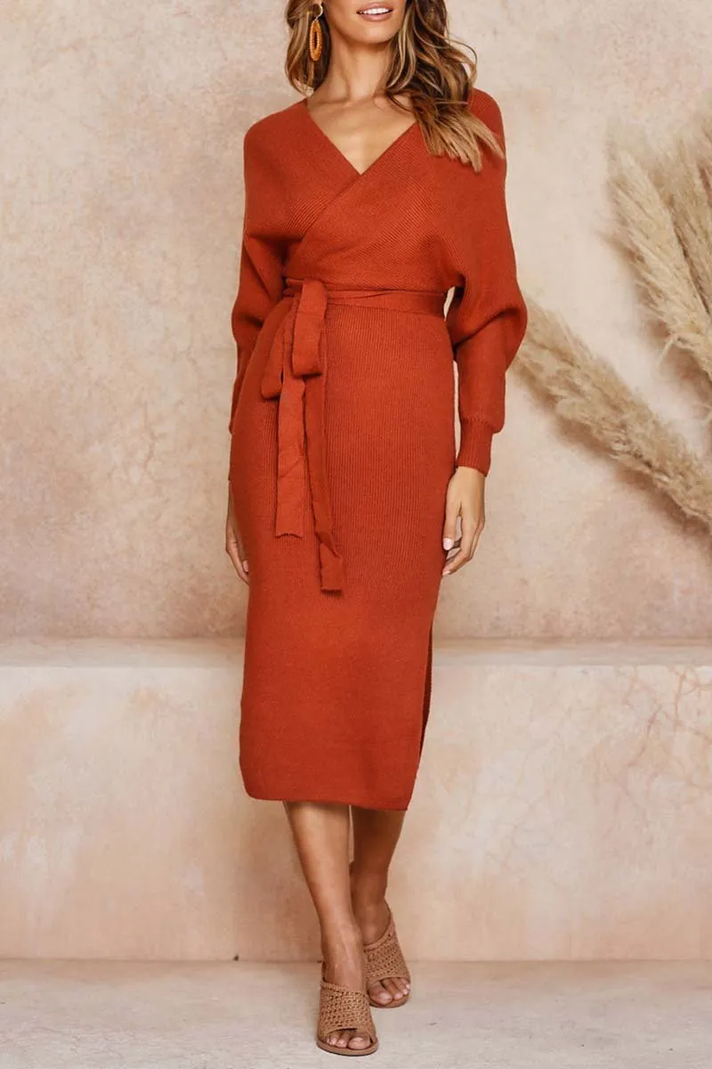 V Neck Backless Sweater Midi Dress(5 Colors)