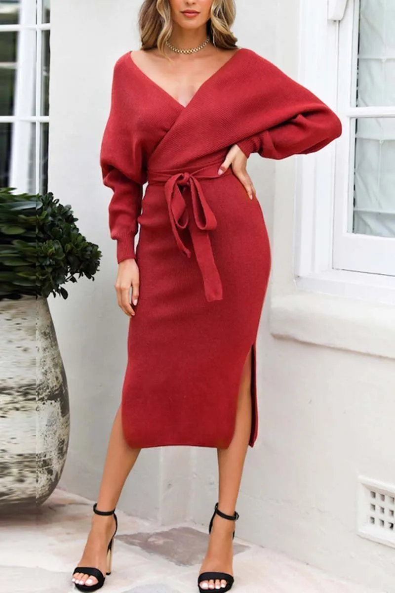 V Neck Backless Sweater Midi Dress(5 Colors)