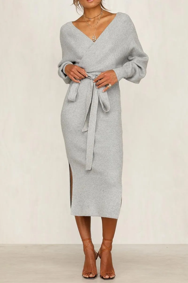 V Neck Backless Sweater Midi Dress(5 Colors)