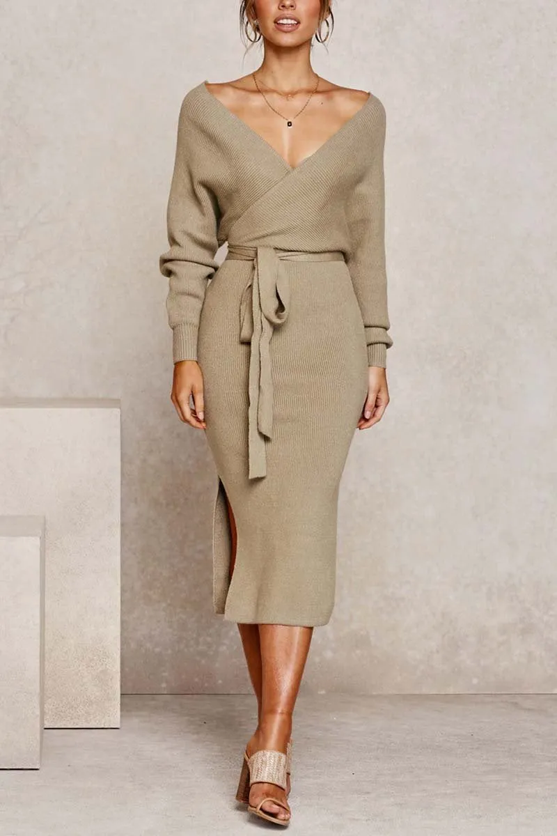 V Neck Backless Sweater Midi Dress(5 Colors)