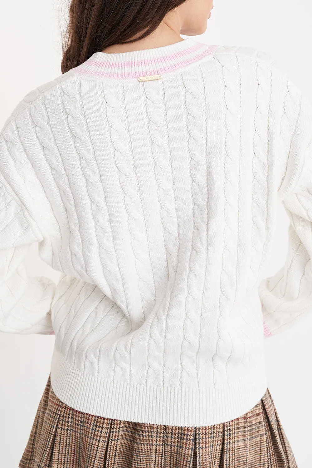 V-Neck Cable Knit Sweater | Chalk