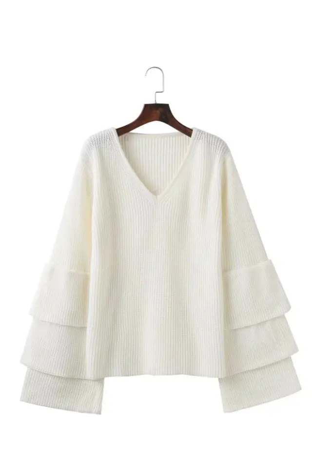 V-neck Flared Sleeve Sweater Tops