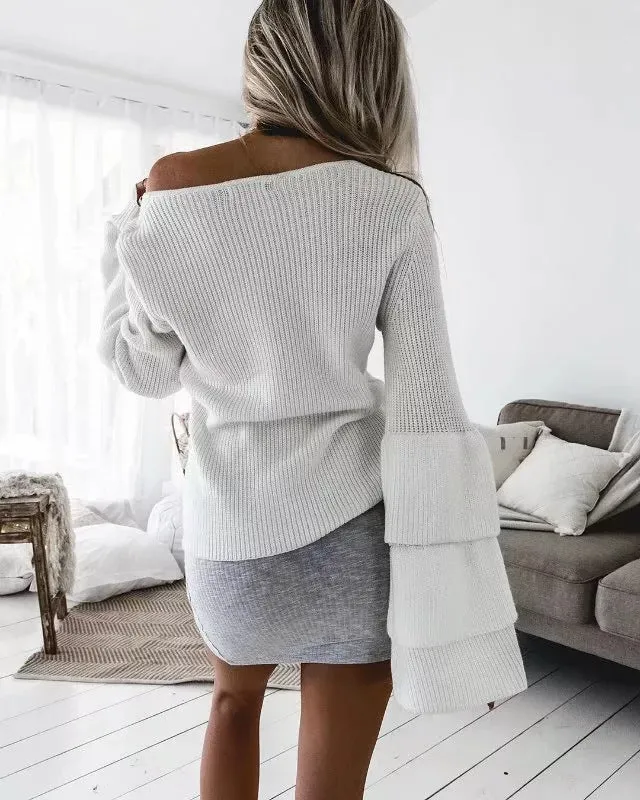 V-neck Flared Sleeve Sweater Tops
