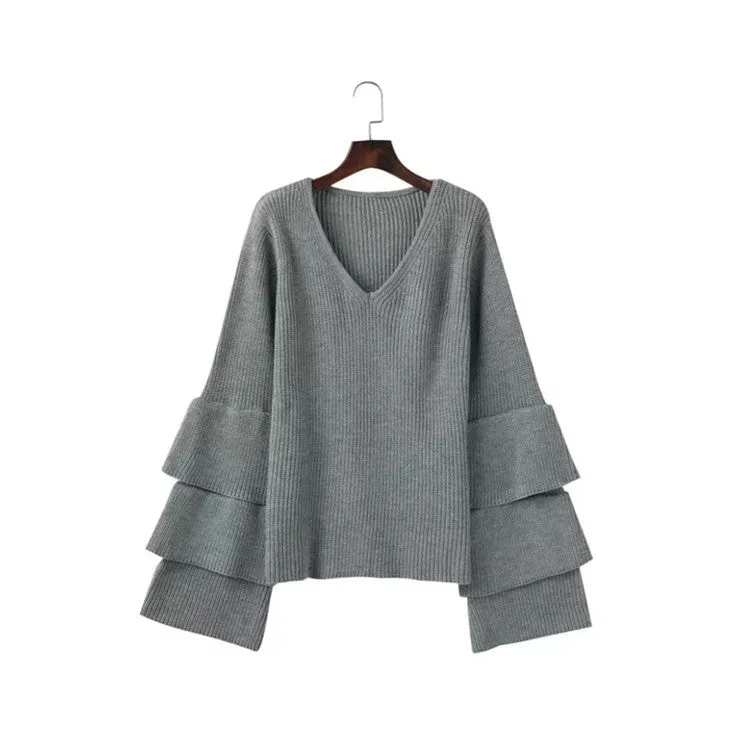 V-neck Flared Sleeve Sweater Tops