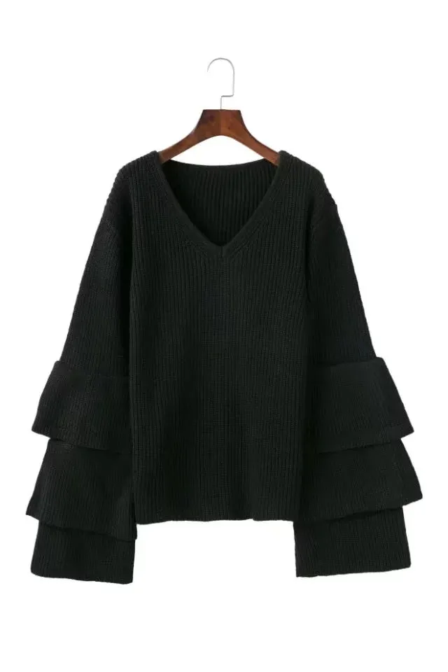 V-neck Flared Sleeve Sweater Tops