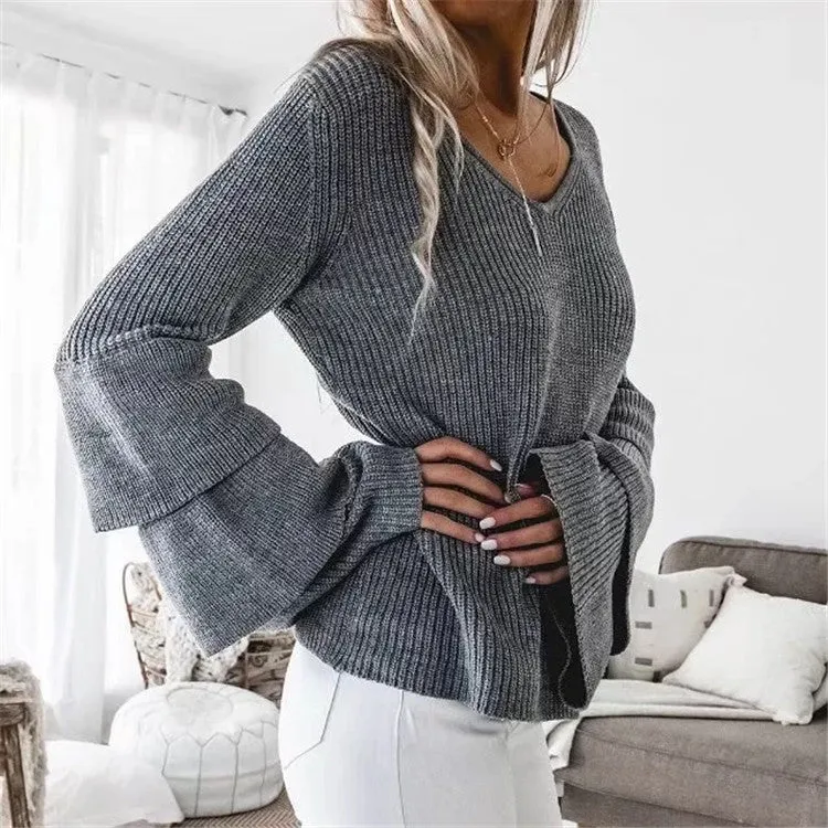 V-neck Flared Sleeve Sweater Tops