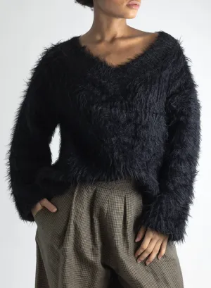 V-Neck Fuzzy Sweater - Black