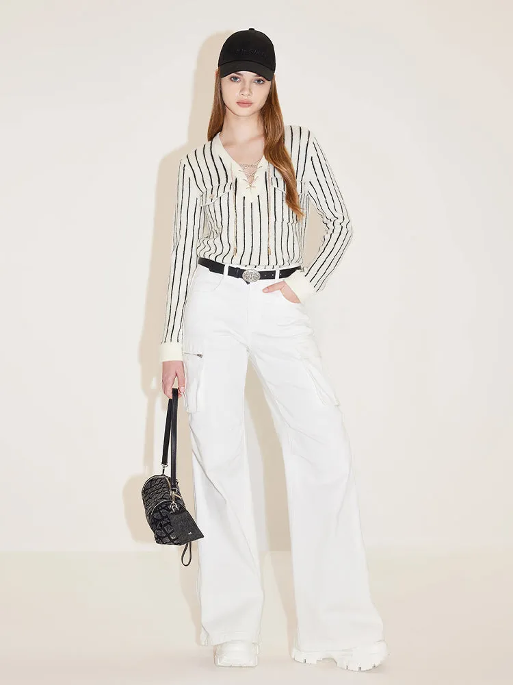 V-Neck Striped Wool Knitted Cardigan