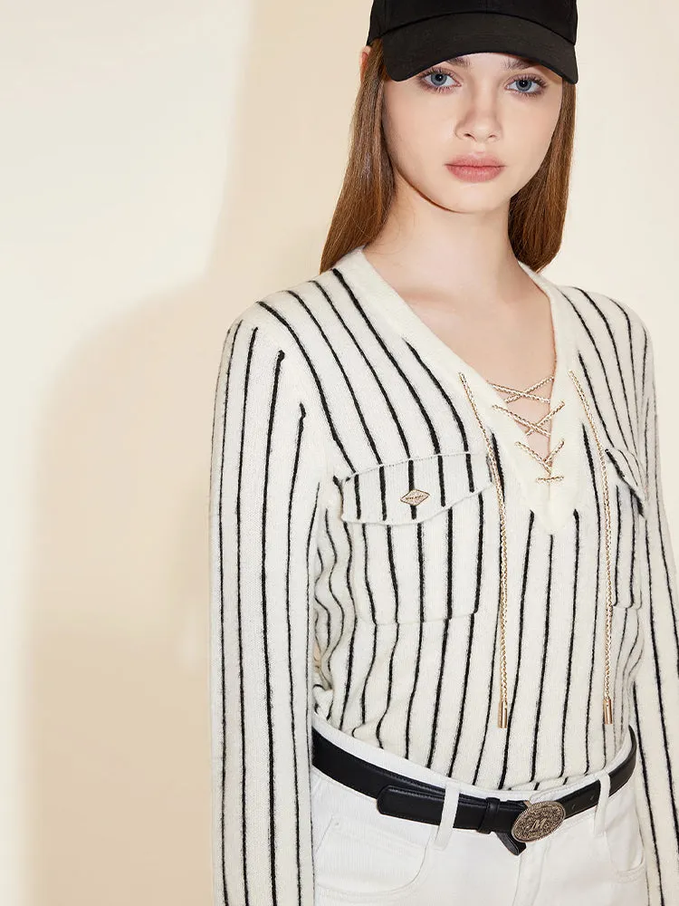 V-Neck Striped Wool Knitted Cardigan