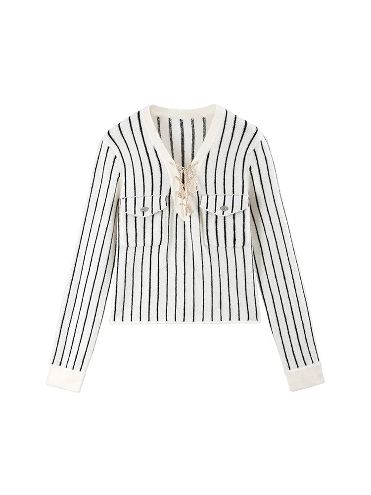 V-Neck Striped Wool Knitted Cardigan