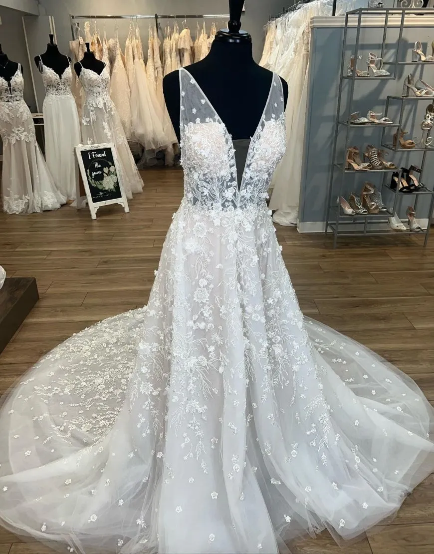 Valery | Gorgeous A-Line V-Neck Open Back Chapel Train Wedding Dress