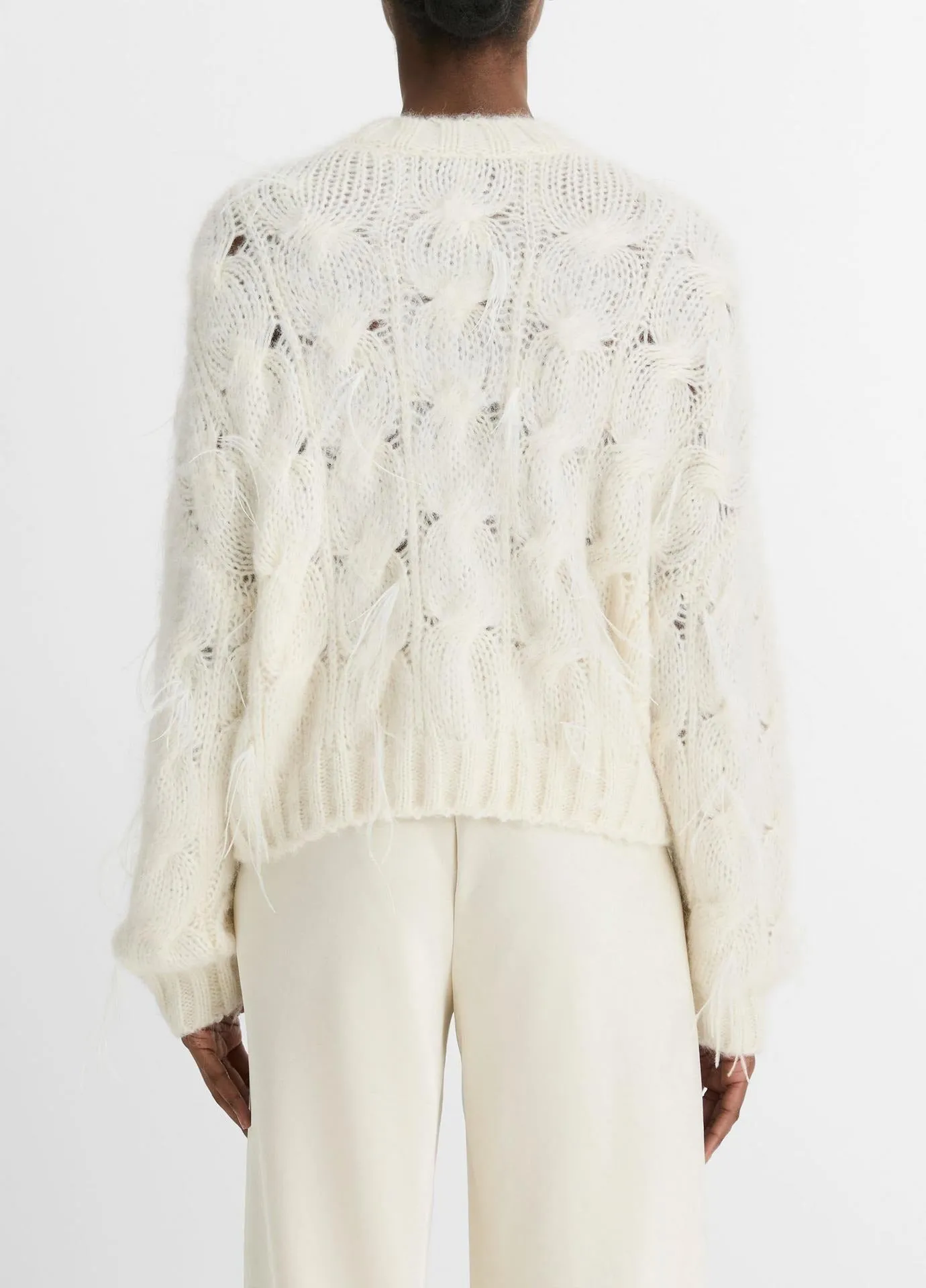 Vince Feather Embellished Cable Pullover in Off White