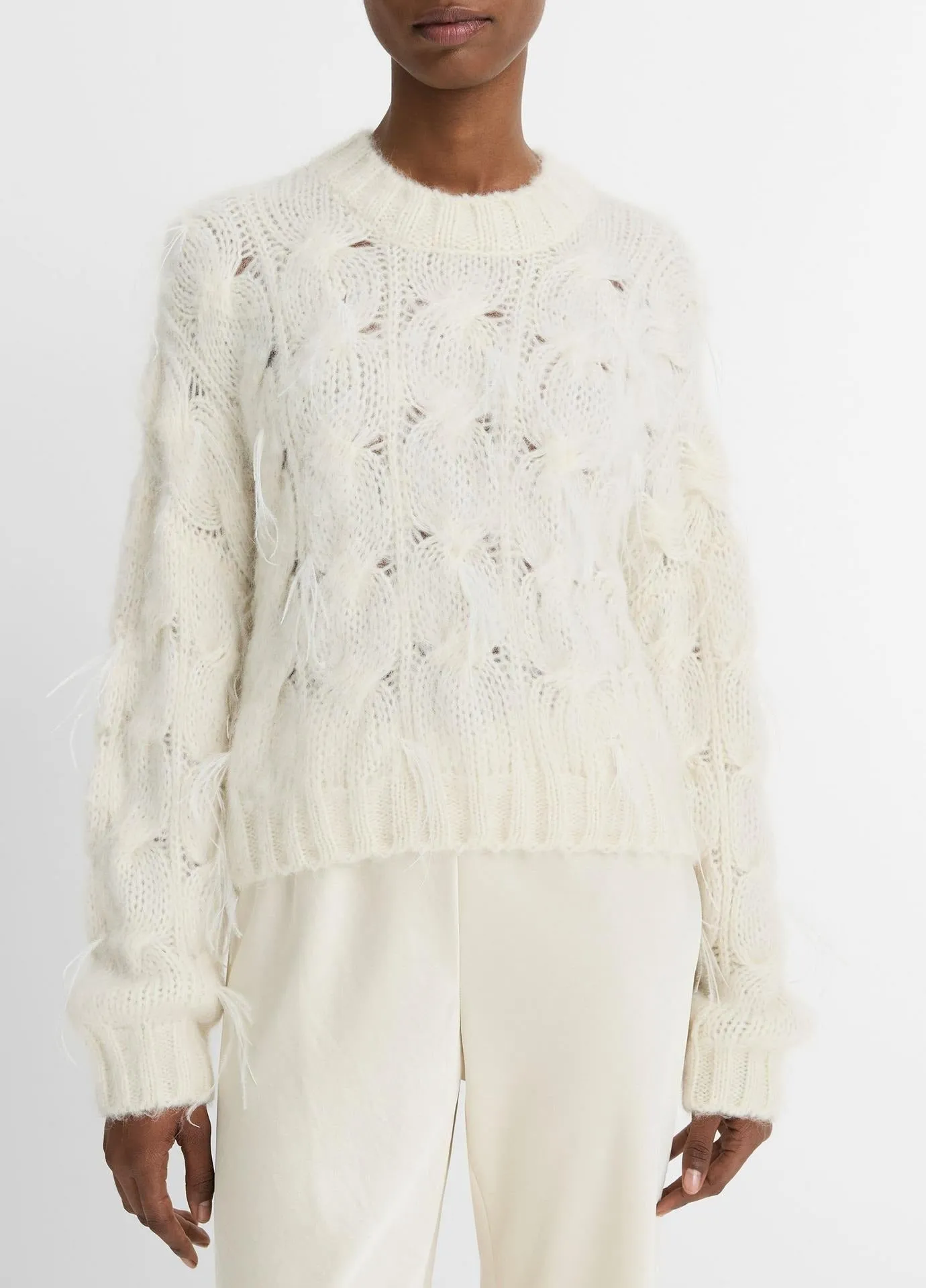 Vince Feather Embellished Cable Pullover in Off White