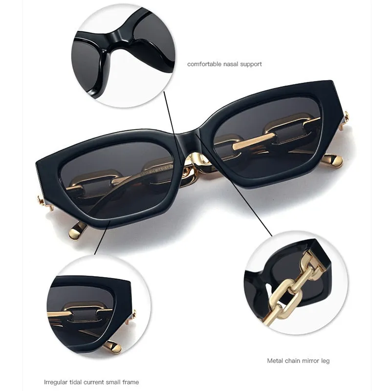 Vintage Cat Eye Sunglasses For Women New Brand Small Metal Chain Sunglasses Elegant Eyeglasses Trend Fashion Black Shades