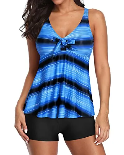 Vintage High Waisted Tankini Swimsuits Boyshorts Two Piece For Women-Blue And Black Stripe