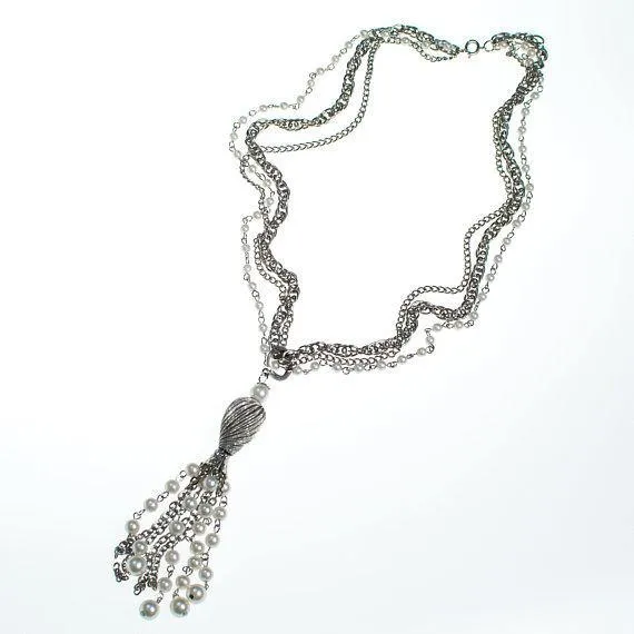 Vintage Pearl and Silver Chain Tassel Necklace