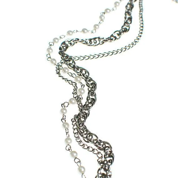 Vintage Pearl and Silver Chain Tassel Necklace
