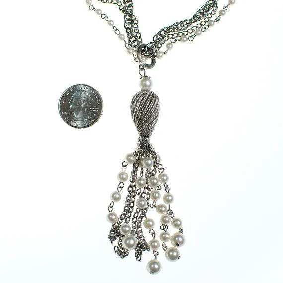 Vintage Pearl and Silver Chain Tassel Necklace