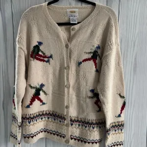 Vintage Talbots Hand Knit  Ivory Holiday  Ice Skating Cardigan Sweater XL