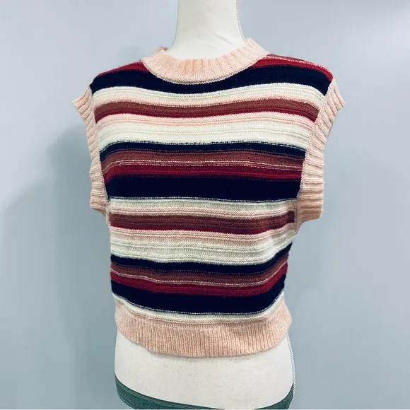 VRG GRL M Pink Striped Retro Mod 70s Soft Fuzzy Sweater Vest Academia VTG Y2K