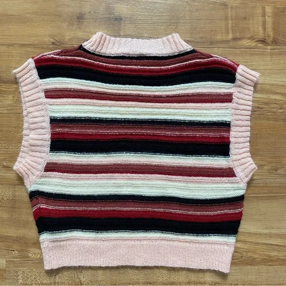 VRG GRL M Pink Striped Retro Mod 70s Soft Fuzzy Sweater Vest Academia VTG Y2K