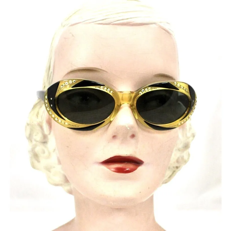 VTG Sunglasses Made In France  Oval Cateye Cat Eye 2 Tone Rhinestone 1950-60s