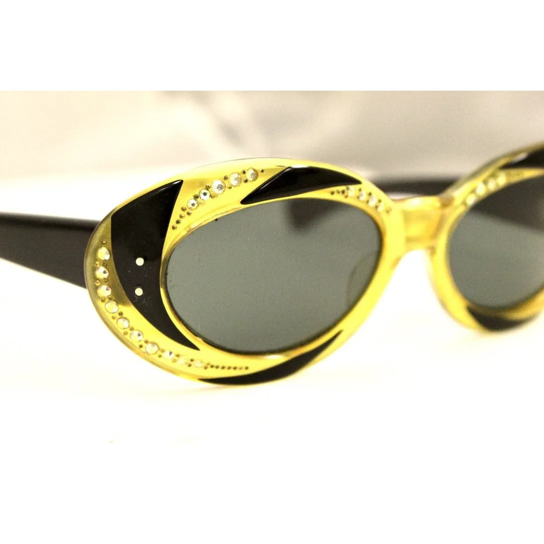 VTG Sunglasses Made In France  Oval Cateye Cat Eye 2 Tone Rhinestone 1950-60s