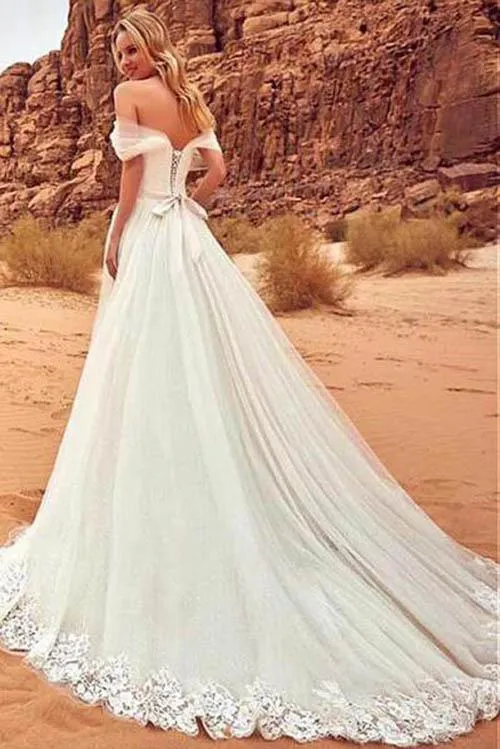 White Off Shoulder Wedding Dresses with Sweep Brush Train, SW102