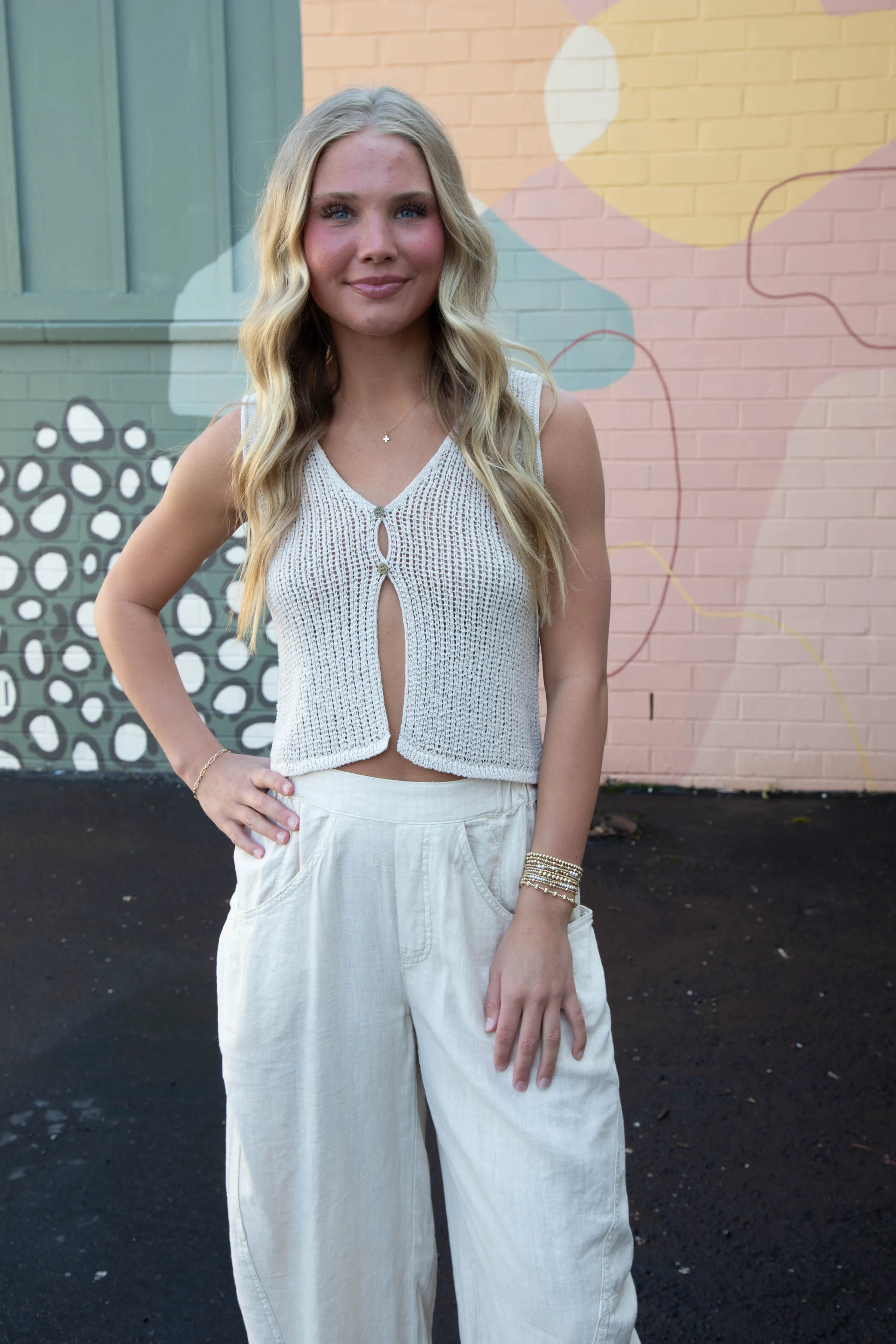 Willow Crocheted Button Front Vest, Natural