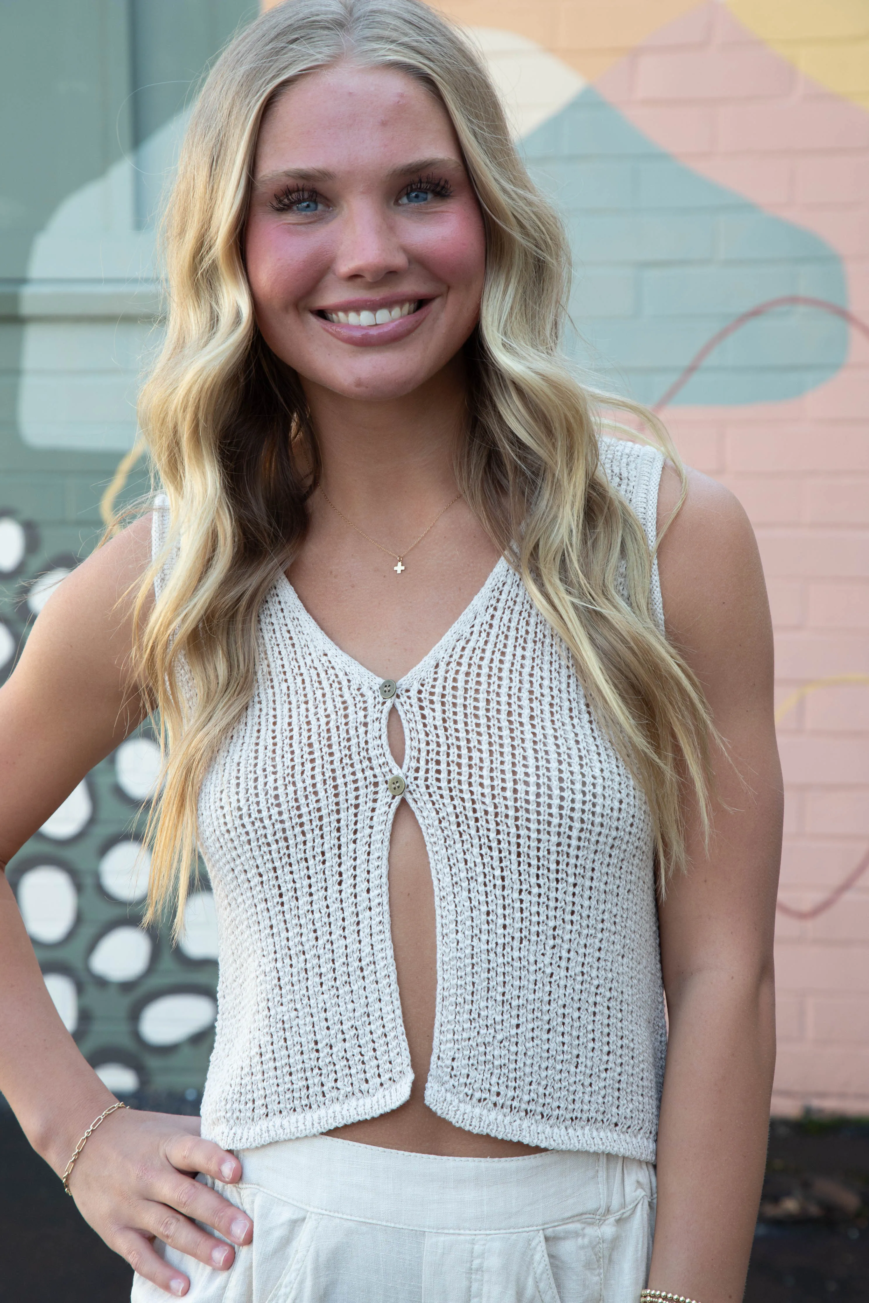 Willow Crocheted Button Front Vest, Natural