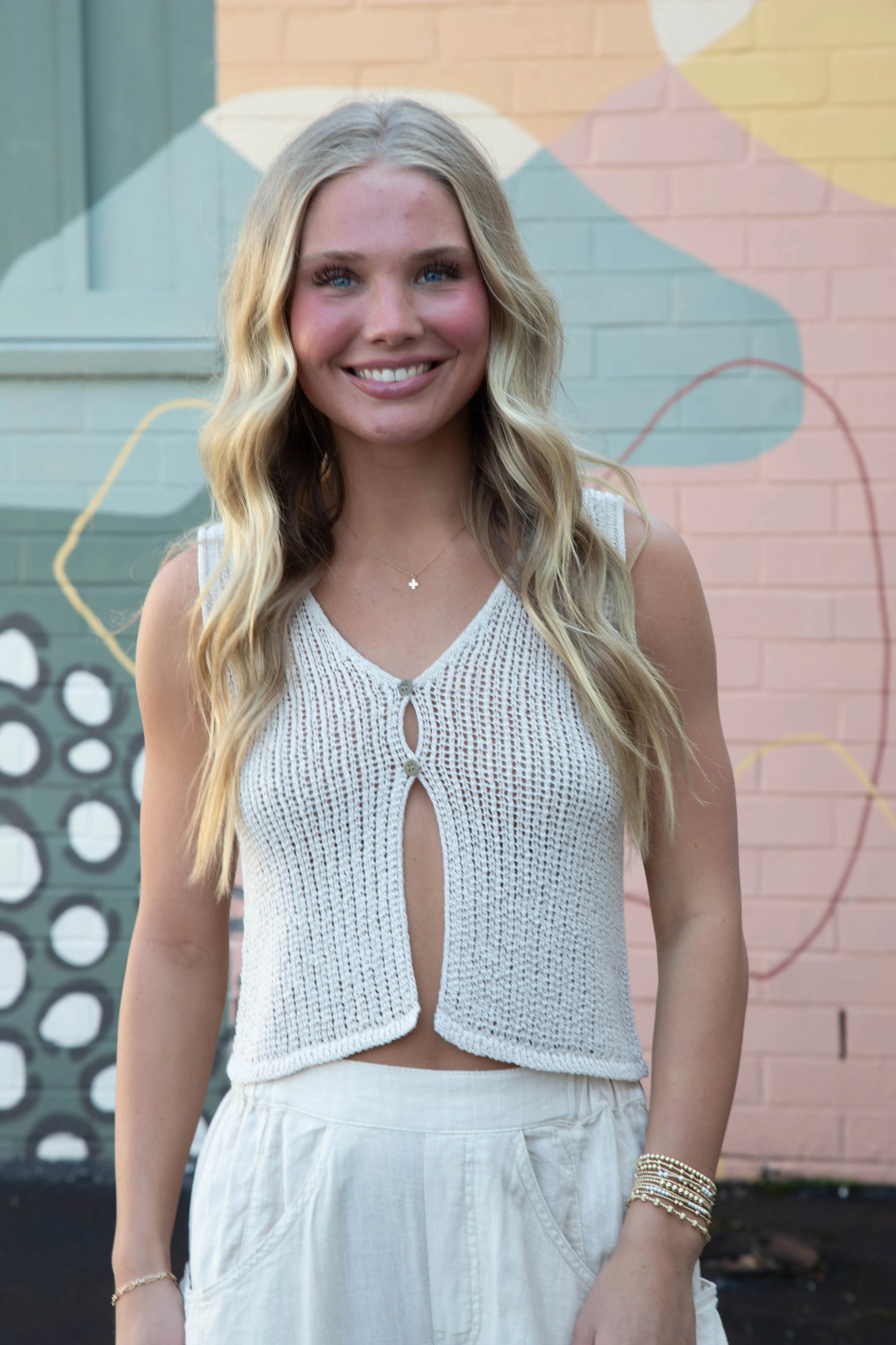 Willow Crocheted Button Front Vest, Natural