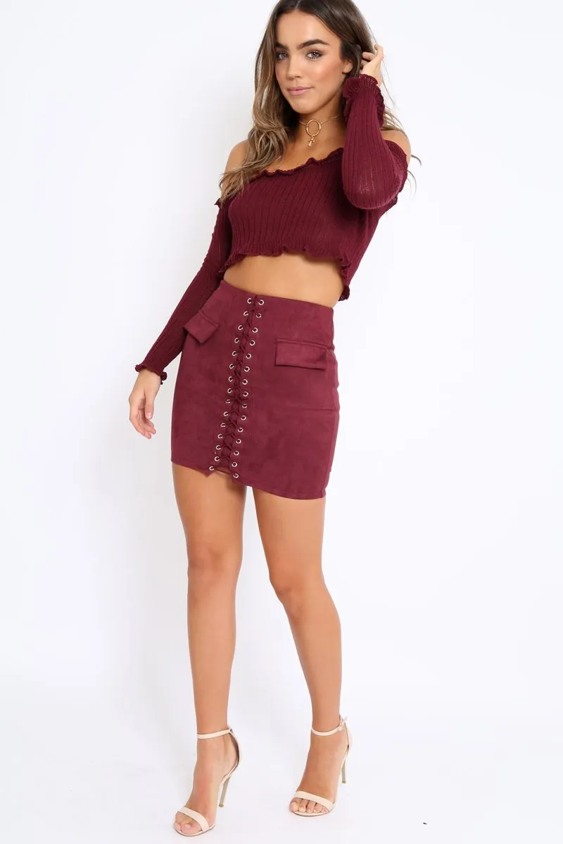 Wine Knitted Bardot Frill Crop Top - Kesia