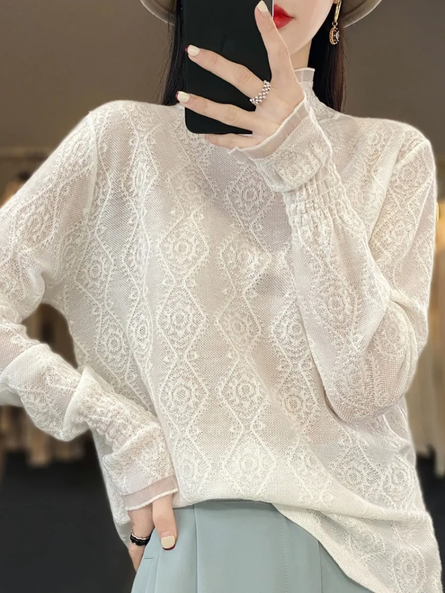 Women Autumn Lacework Knitted Half-Turtleneck Blouse