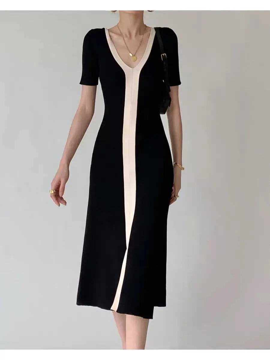 Women Elegant Summer Vintage Dress Korean Style Short Sleeves Knitted Dress A Line Casual Ice Silk Sweater Pregnancy Women Dress