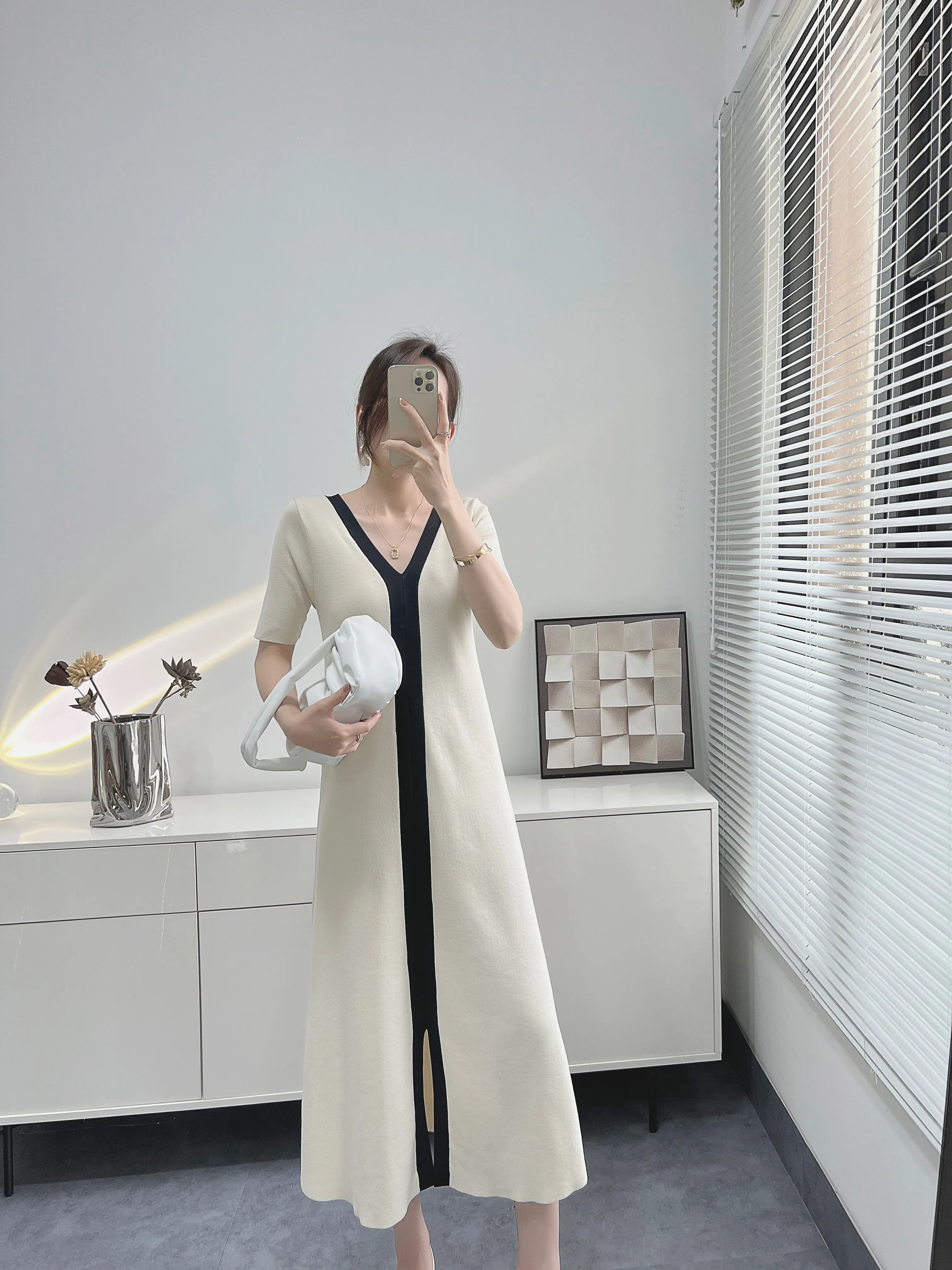 Women Elegant Summer Vintage Dress Korean Style Short Sleeves Knitted Dress A Line Casual Ice Silk Sweater Pregnancy Women Dress