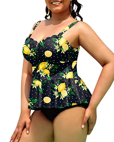 Women Peplum Swimwear Scalloped Swimsuits Tummy Control Bathing Suits-Black Lemon
