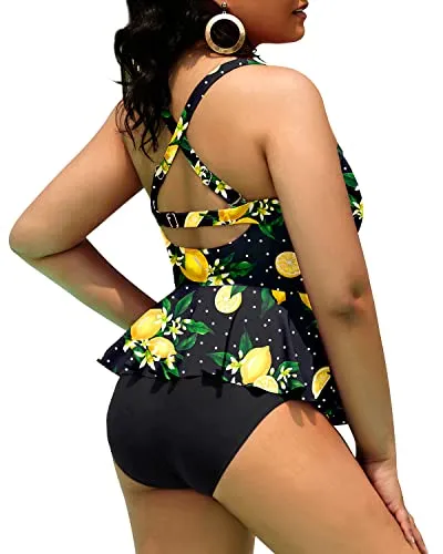 Women Peplum Swimwear Scalloped Swimsuits Tummy Control Bathing Suits-Black Lemon