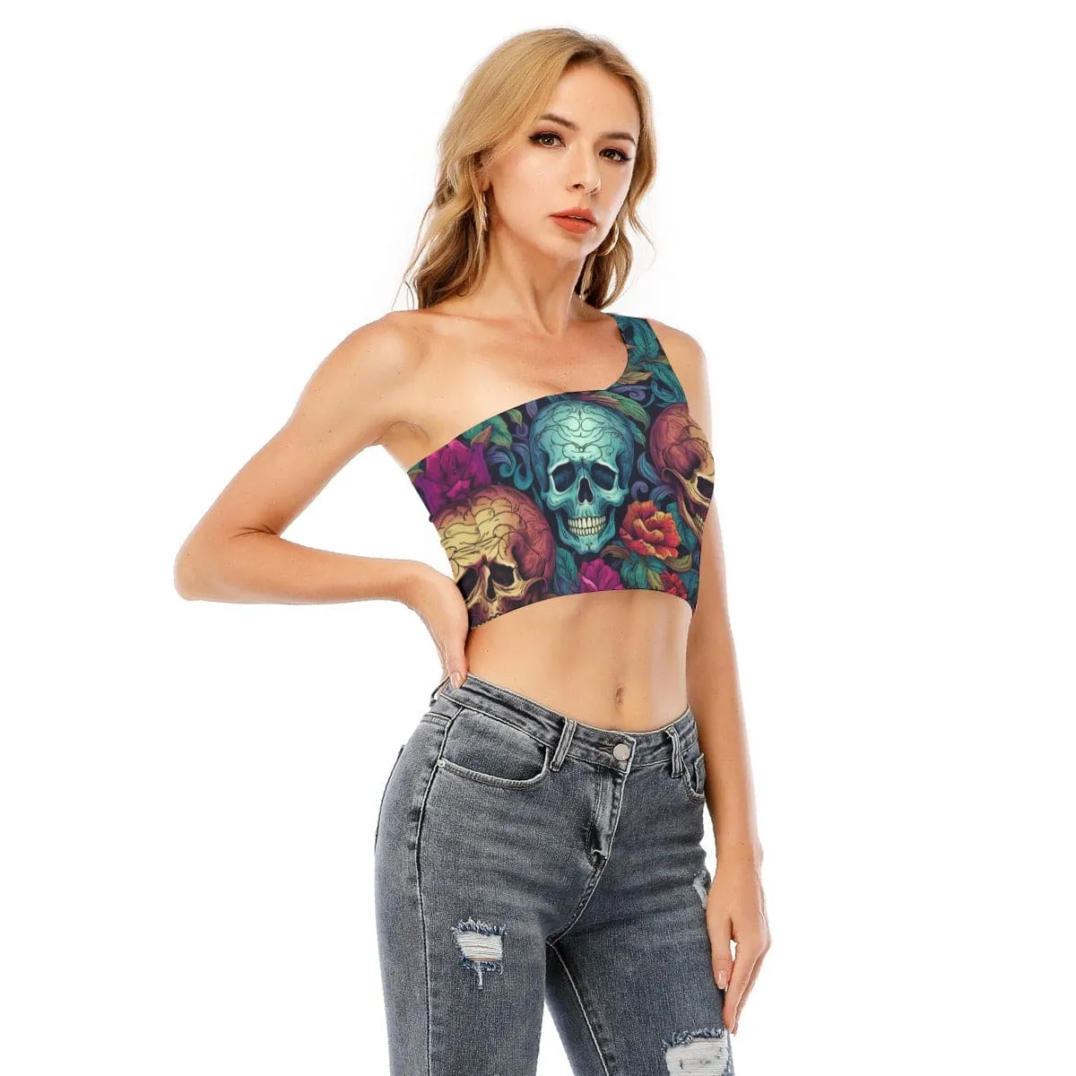 Women's Blue Skull Flowers One-Shoulder Cropped Top