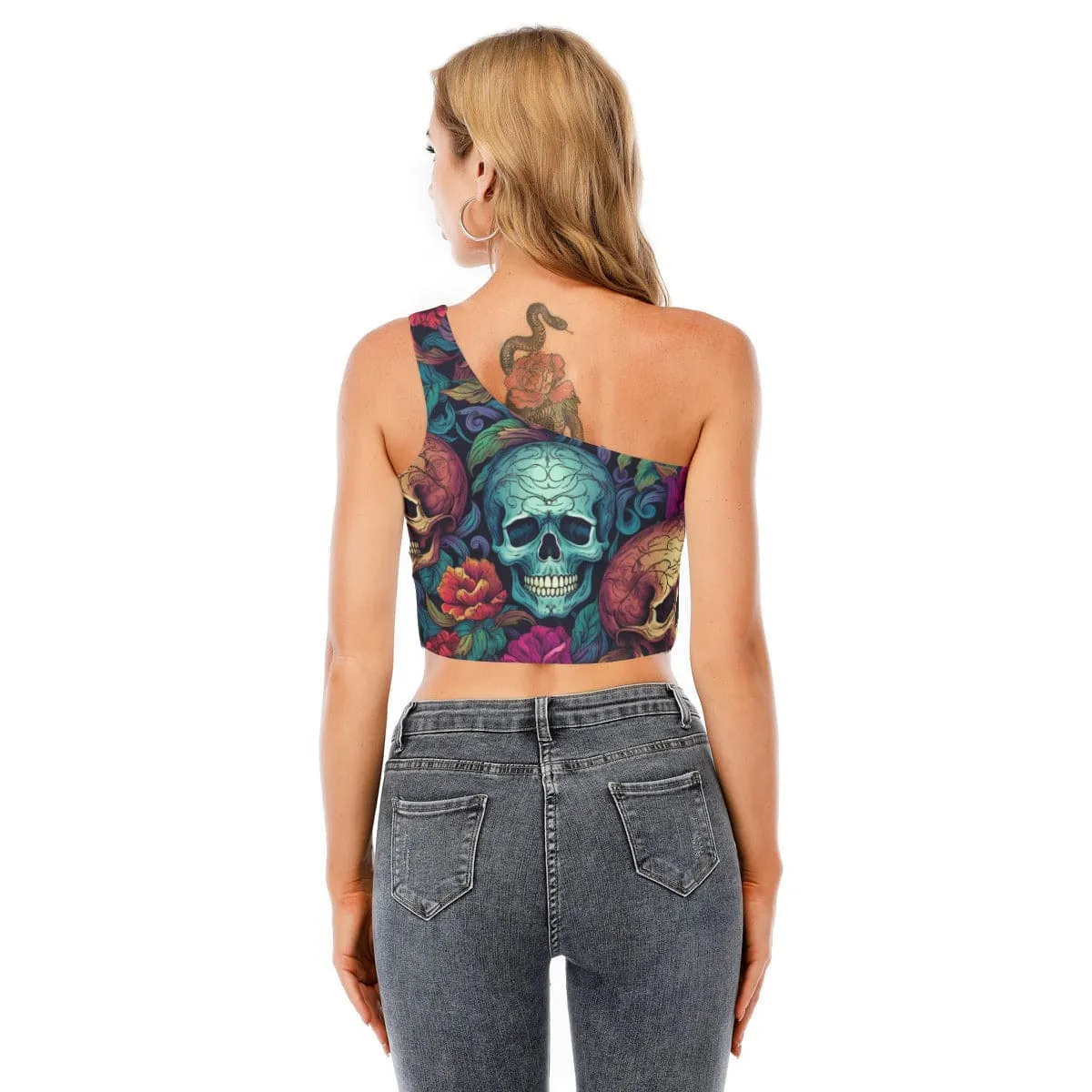 Women's Blue Skull Flowers One-Shoulder Cropped Top